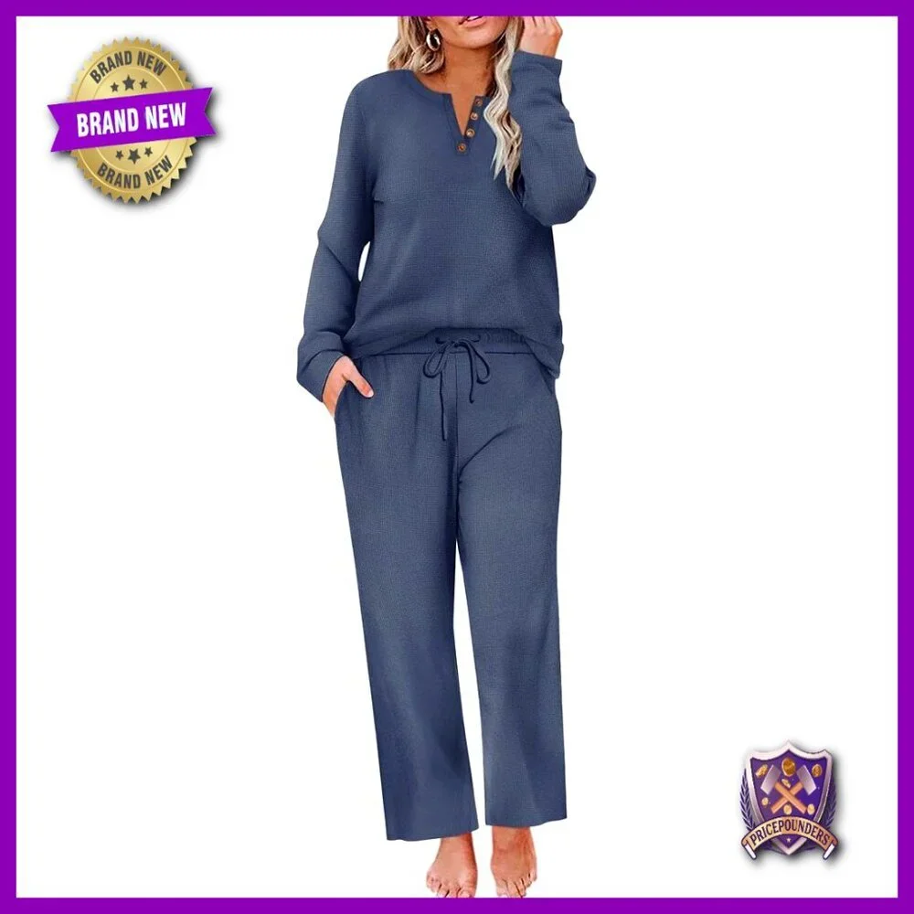 Plus Size Waffle Sweatsuit Set Long Sleeve Top Wide Leg Pants